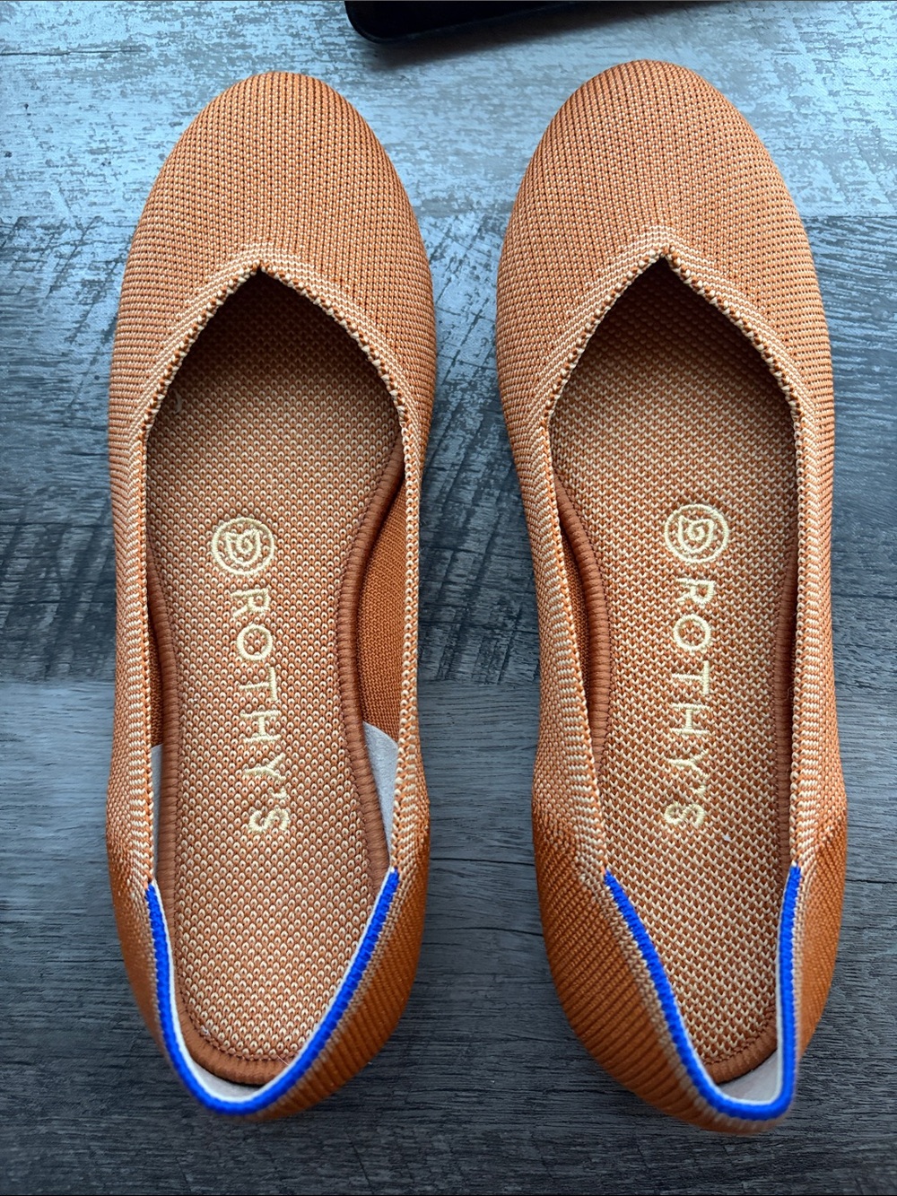 Rothy's Cognac Knit Pointed Ballet Flats with Blue Trim
